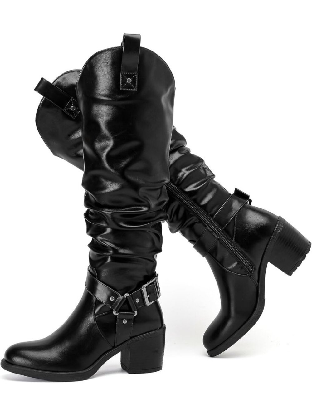 Women's Black Comfortable Chunky Heel Side Zipper Round Toe Knee High Boots